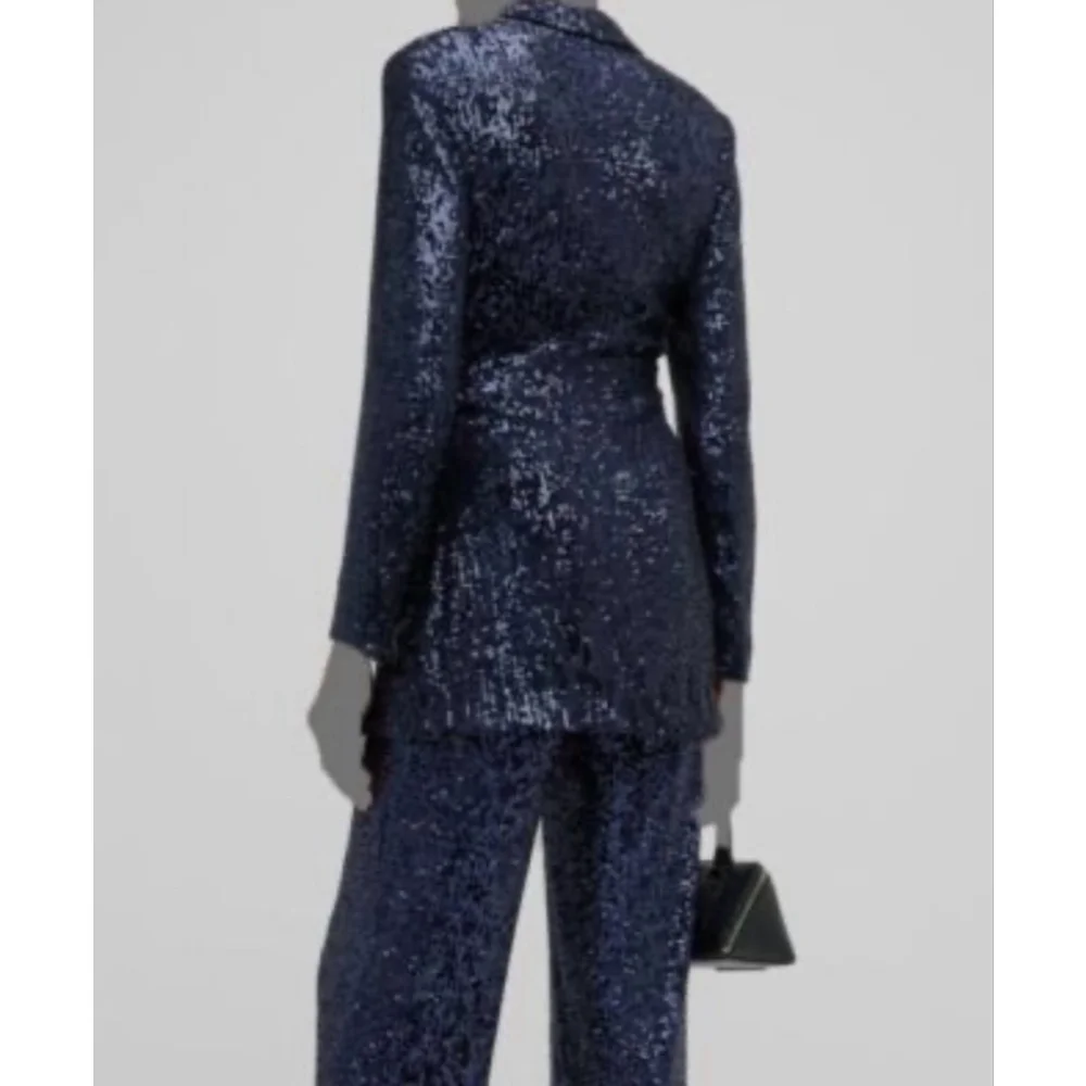 NWT $595 Rickie Freeman for Teri Jon Blue Sequin Wrap Dress Blazer SZ 12 - Picture 3 of 8